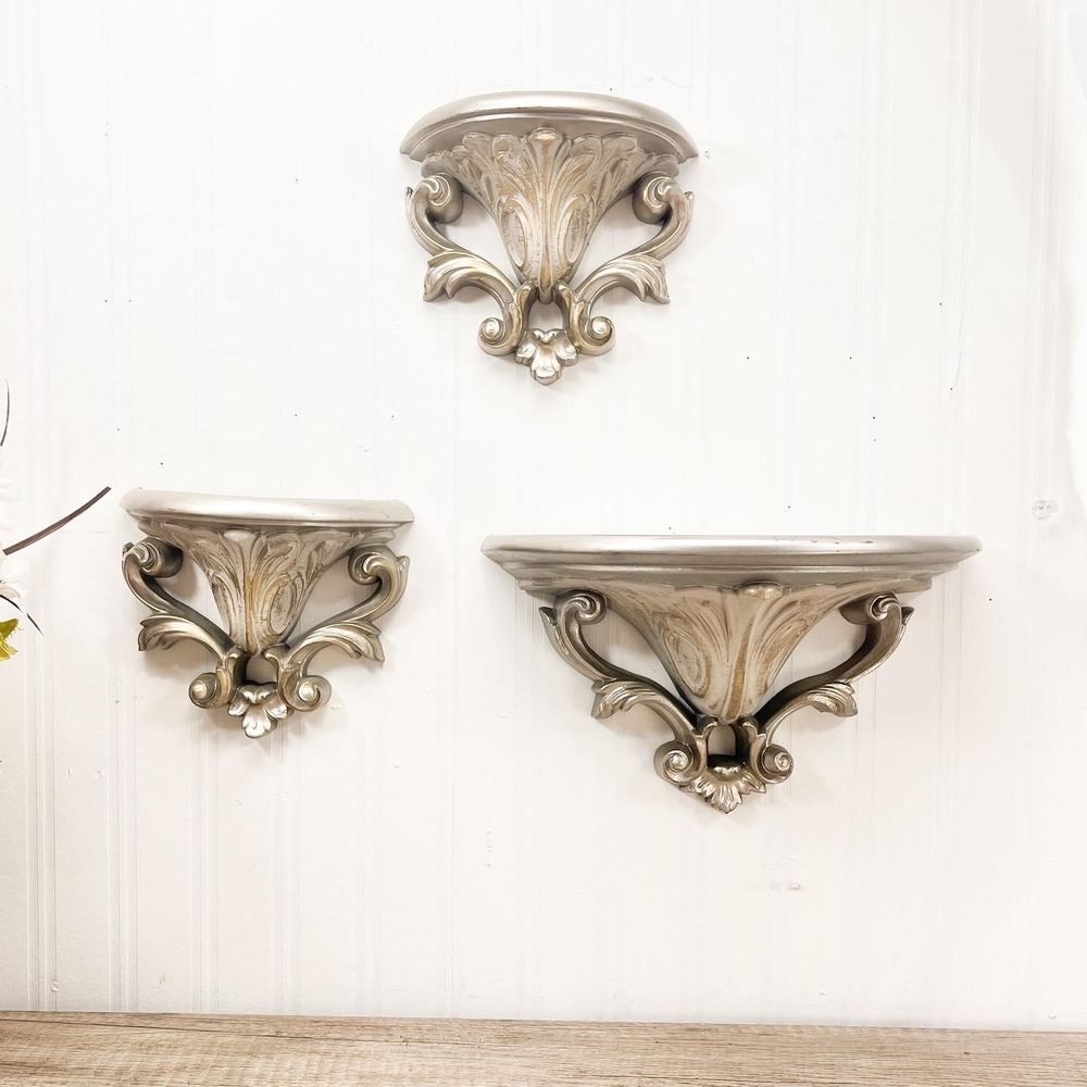 Ornate Gray Gold Wall Shelf Set – Vintage Gothic Burwood Decor - Picture 11 of 16